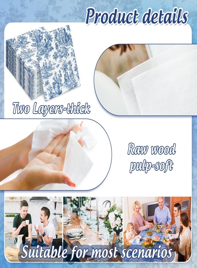 FYSUIMU 100Pcs Blue White Paper Napkins Classic French Village Printed Disposable Napkin Rustic Dinner Hand Napkin for Farmhouse Holiday Party Supplies - Image 3